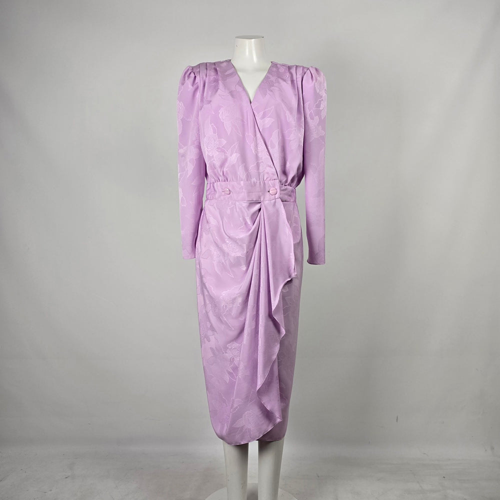 Vintage Orite Women’s Lavender Floral Jacquard Draped Midi Dress - Size 15/16
