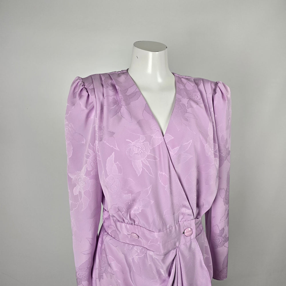 Vintage Orite Women’s Lavender Floral Jacquard Draped Midi Dress - Size 15/16