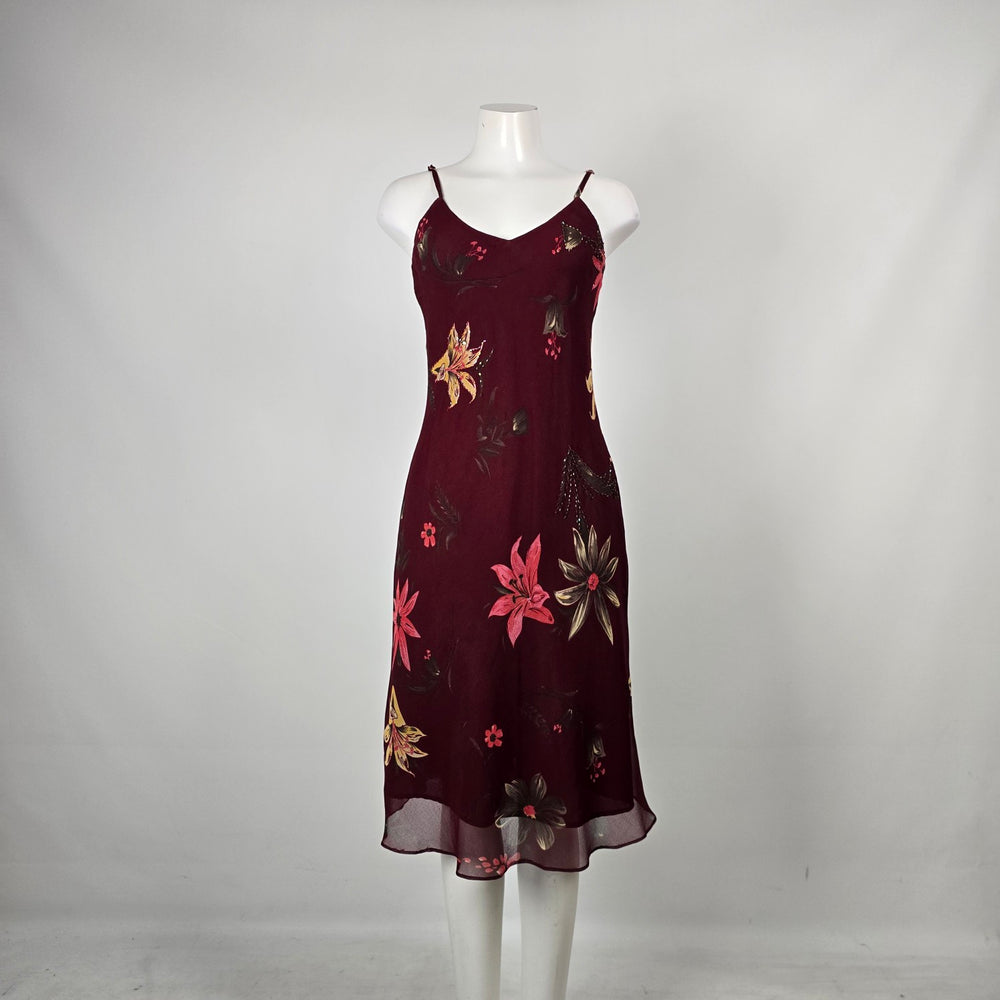 Vintage 90s Typhany Burgundy Floral Print Bias Cut Slip Dress - Size S