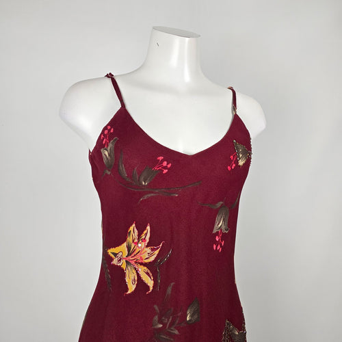 Vintage 90s Typhany Burgundy Floral Print Bias Cut Slip Dress - Size S