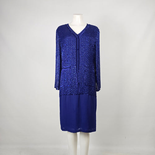 Vintage Frank Usher Royal Blue Beaded Drop Waist Event Dress - Size 12