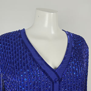Vintage Frank Usher Royal Blue Beaded Drop Waist Event Dress - Size 12