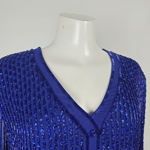 Vintage Frank Usher Royal Blue Beaded Drop Waist Event Dress - Size 12