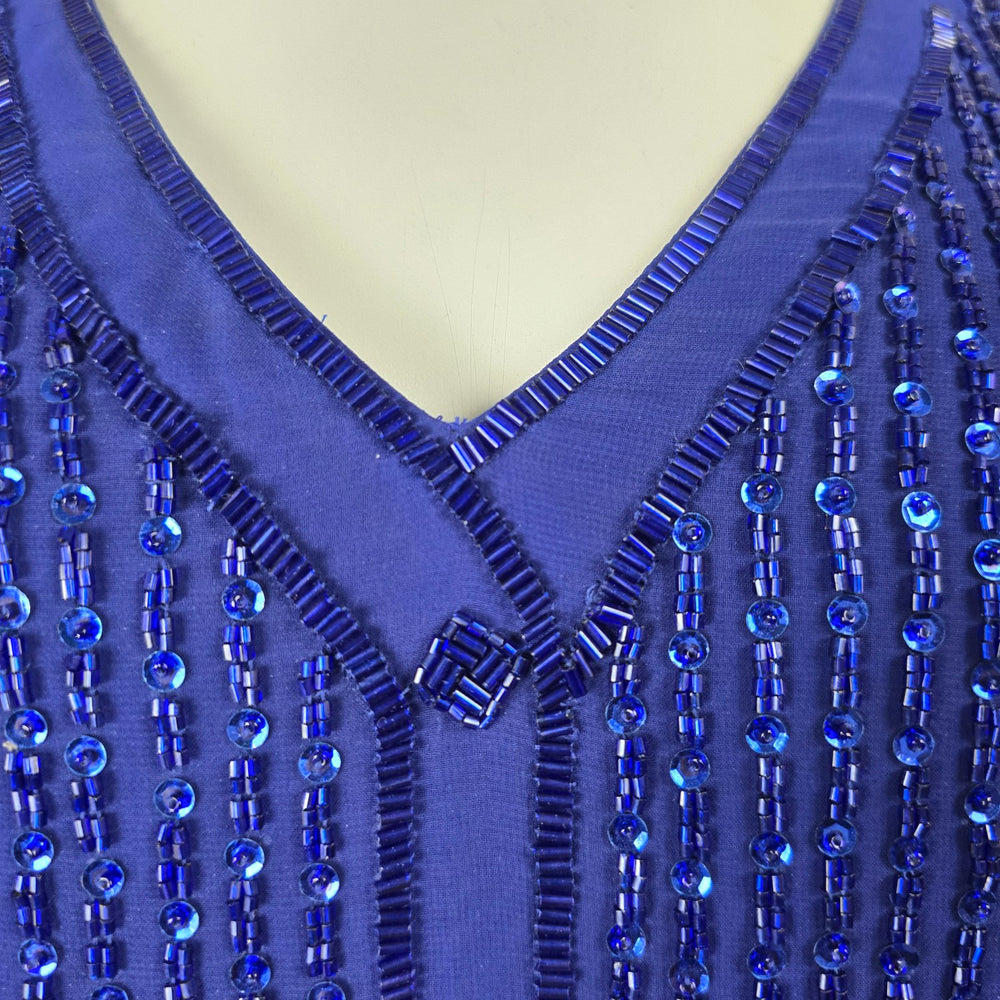 Vintage Frank Usher Royal Blue Beaded Drop Waist Event Dress - Size 12