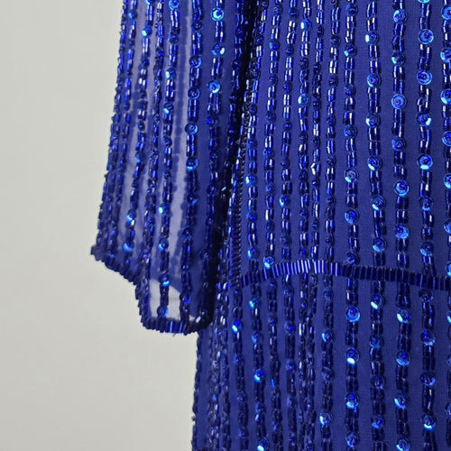 Vintage Frank Usher Royal Blue Beaded Drop Waist Event Dress - Size 12