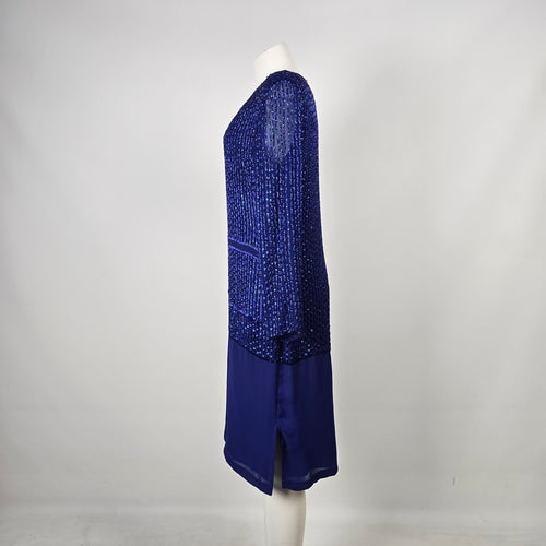 Vintage Frank Usher Royal Blue Beaded Drop Waist Event Dress - Size 12