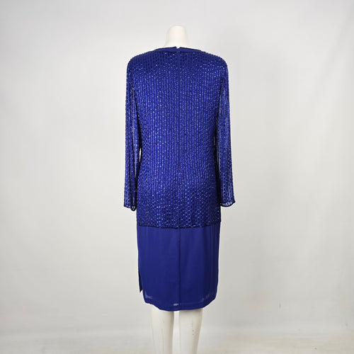 Vintage Frank Usher Royal Blue Beaded Drop Waist Event Dress - Size 12