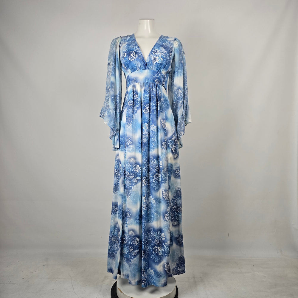 Blue Floral Print Empire Maxi Dress with Flutter Sleeves - Size S