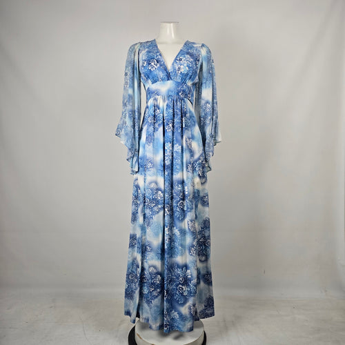Blue Floral Print Empire Maxi Dress with Flutter Sleeves - Size S