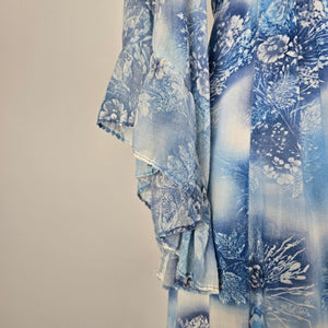 Blue Floral Print Empire Maxi Dress with Flutter Sleeves - Size S