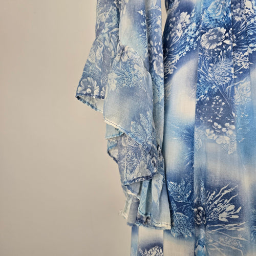 Blue Floral Print Empire Maxi Dress with Flutter Sleeves - Size S