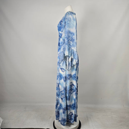 Blue Floral Print Empire Maxi Dress with Flutter Sleeves - Size S