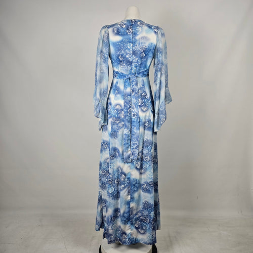 Blue Floral Print Empire Maxi Dress with Flutter Sleeves - Size S