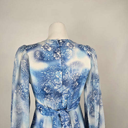 Blue Floral Print Empire Maxi Dress with Flutter Sleeves - Size S