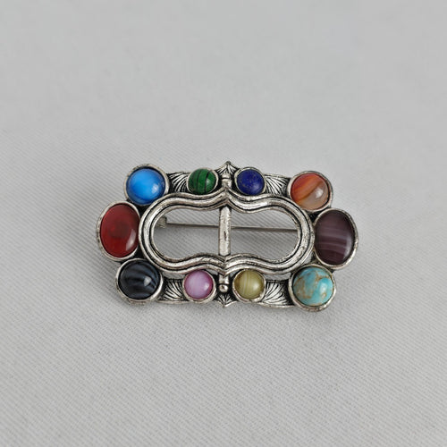 Vintage Scottish Silver-Tone Multi-Stone Cabochon Belt Buckle Brooch