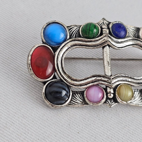 Vintage Scottish Silver-Tone Multi-Stone Cabochon Belt Buckle Brooch