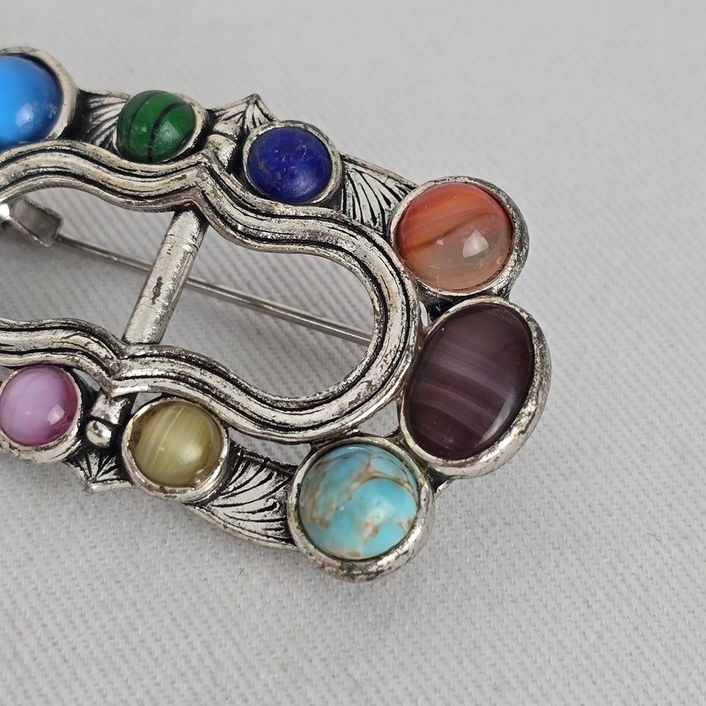 Vintage Scottish Silver-Tone Multi-Stone Cabochon Belt Buckle Brooch