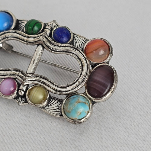 Vintage Scottish Silver-Tone Multi-Stone Cabochon Belt Buckle Brooch