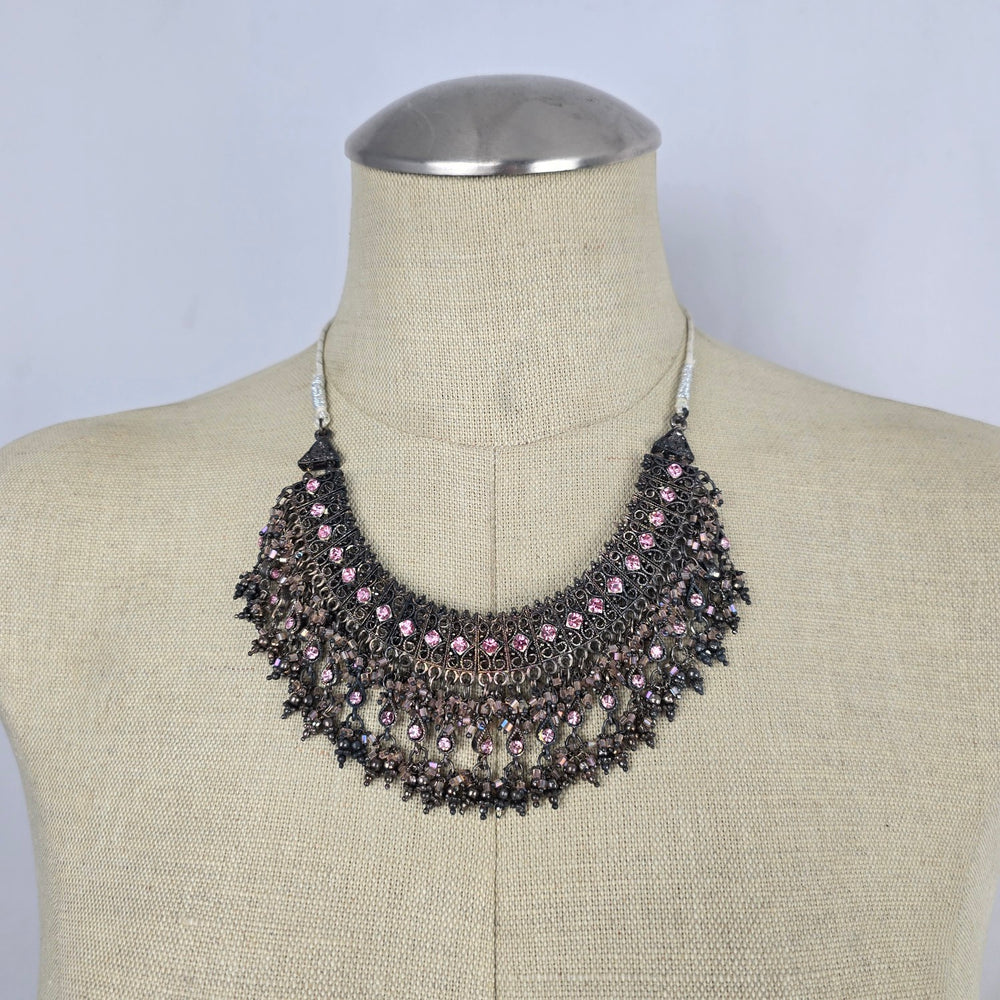 Gunmetal Filigree Pink Rhinestone Bib Adjustable Necklace with Tassel Cord