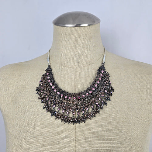 Gunmetal Filigree Pink Rhinestone Bib Adjustable Necklace with Tassel Cord