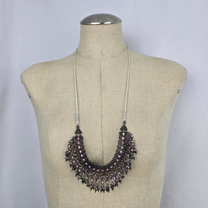 Gunmetal Filigree Pink Rhinestone Bib Adjustable Necklace with Tassel Cord