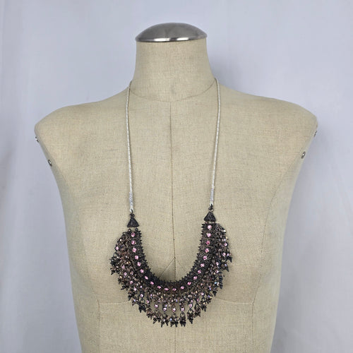 Gunmetal Filigree Pink Rhinestone Bib Adjustable Necklace with Tassel Cord
