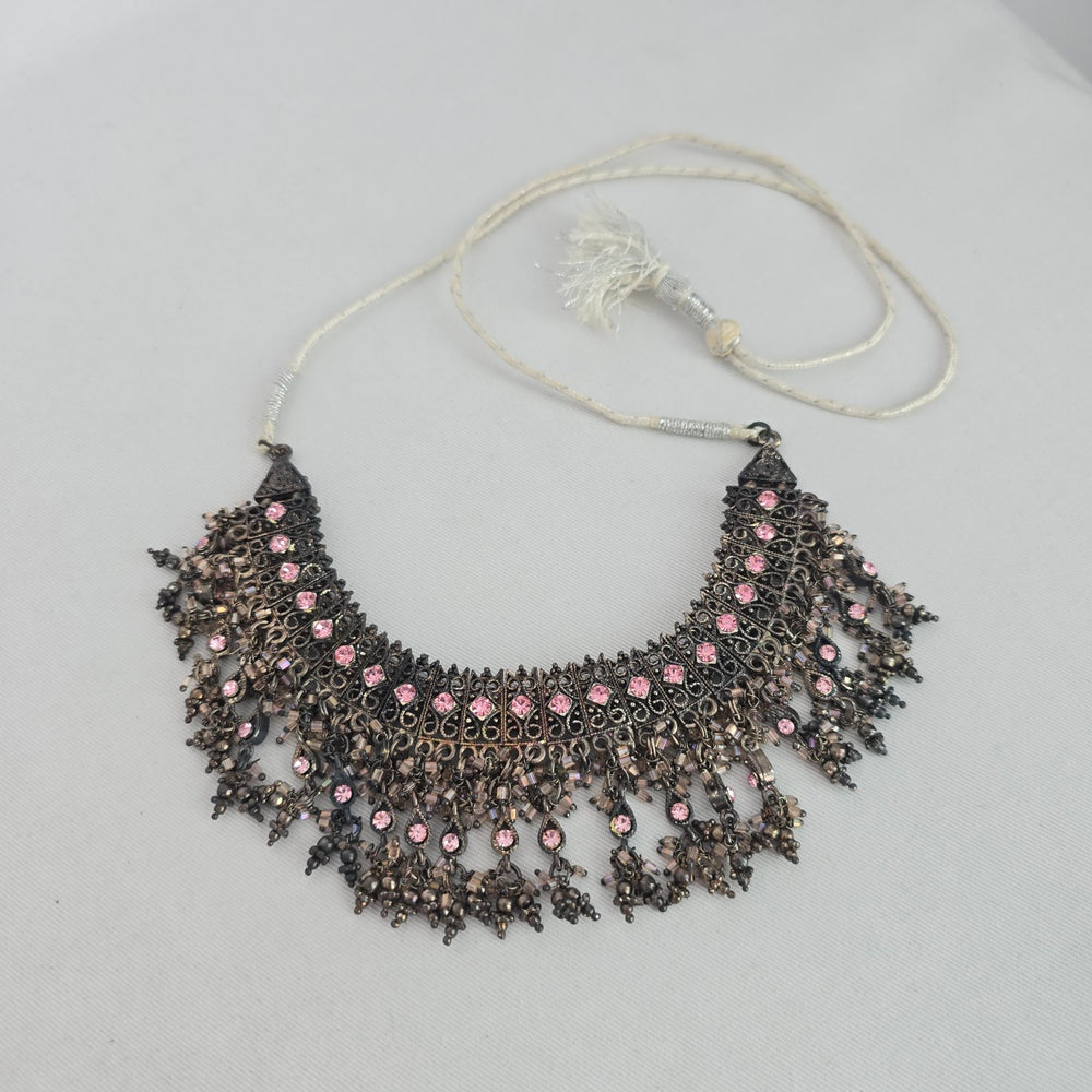 Gunmetal Filigree Pink Rhinestone Bib Adjustable Necklace with Tassel Cord