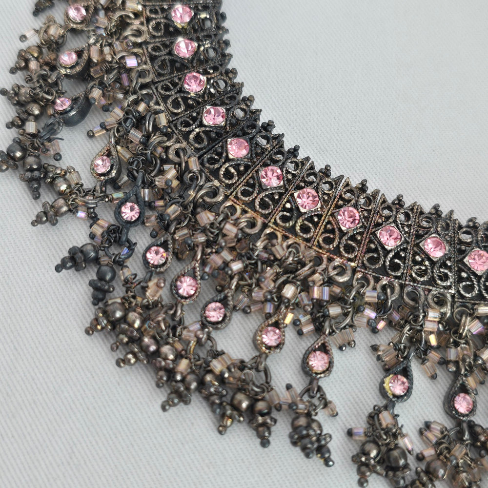 Gunmetal Filigree Pink Rhinestone Bib Adjustable Necklace with Tassel Cord