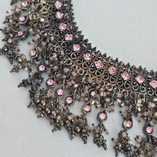 Gunmetal Filigree Pink Rhinestone Bib Adjustable Necklace with Tassel Cord