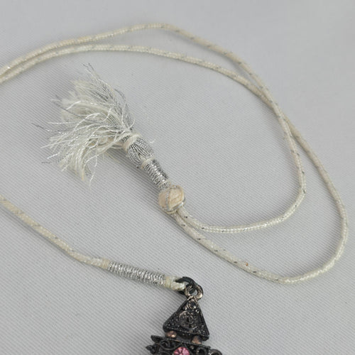 Gunmetal Filigree Pink Rhinestone Bib Adjustable Necklace with Tassel Cord
