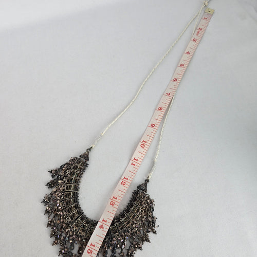 Gunmetal Filigree Pink Rhinestone Bib Adjustable Necklace with Tassel Cord