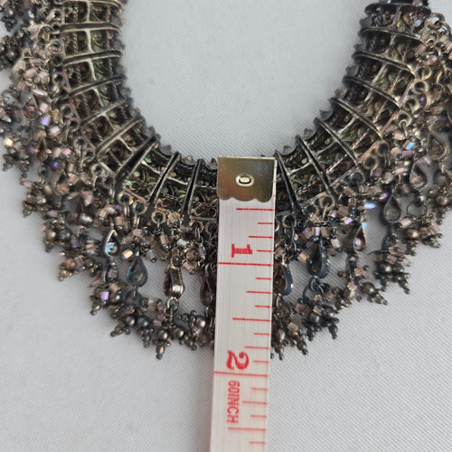 Gunmetal Filigree Pink Rhinestone Bib Adjustable Necklace with Tassel Cord