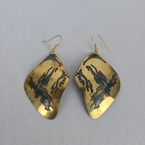 Vintage Abstract Etched Brass & Green Enamel Statement Dangle Earrings