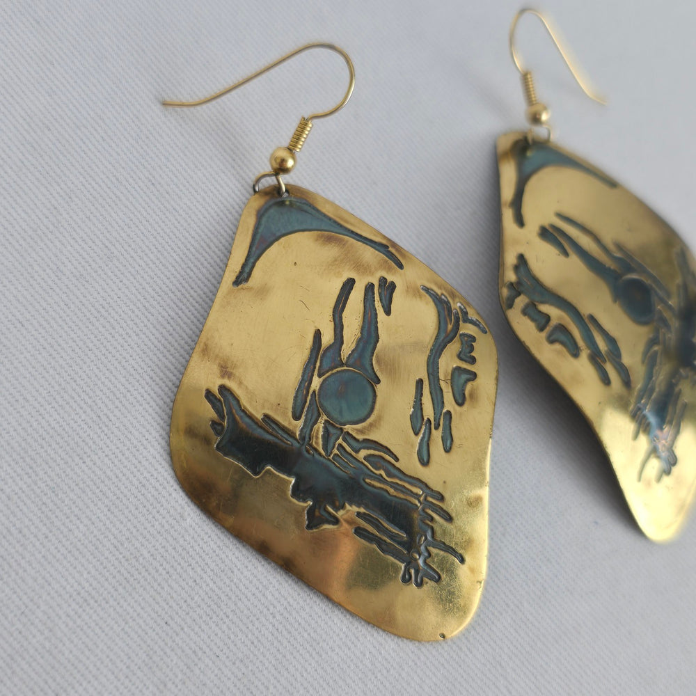 Vintage Abstract Etched Brass & Green Enamel Statement Dangle Earrings