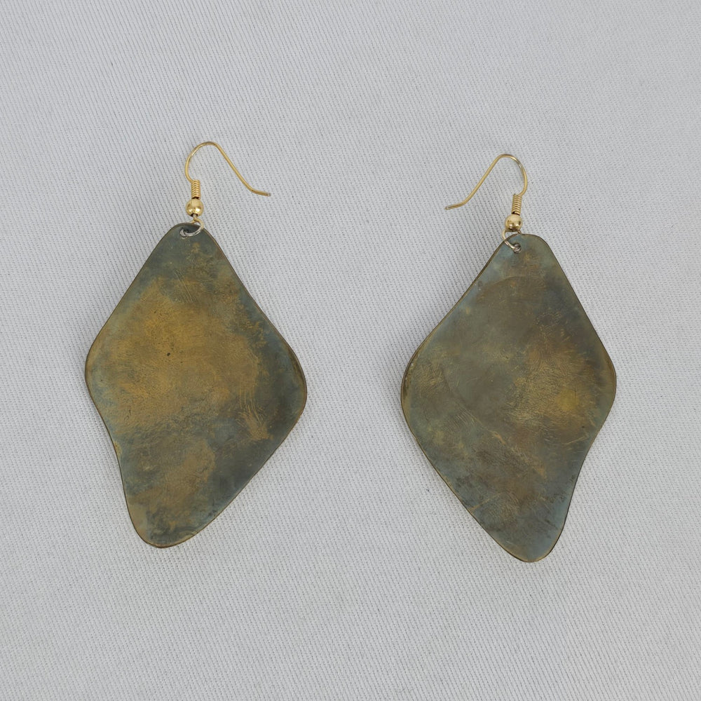 Vintage Abstract Etched Brass & Green Enamel Statement Dangle Earrings