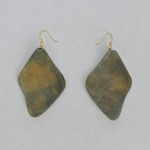 Vintage Abstract Etched Brass & Green Enamel Statement Dangle Earrings
