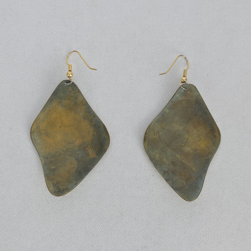 Vintage Abstract Etched Brass & Green Enamel Statement Dangle Earrings