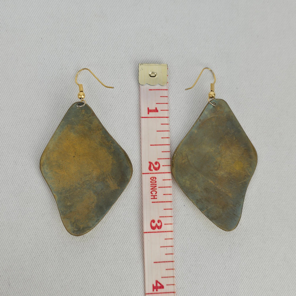 Vintage Abstract Etched Brass & Green Enamel Statement Dangle Earrings