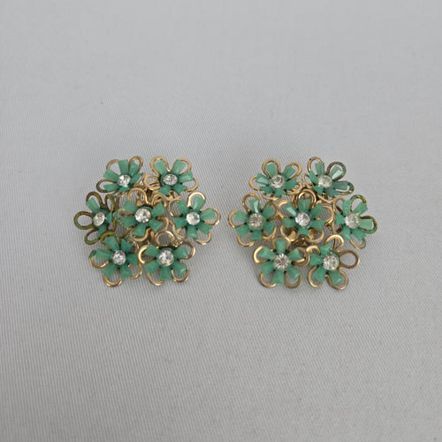 Vintage Gold-Tone Mint Green Flower Cluster Clip-on Earrings