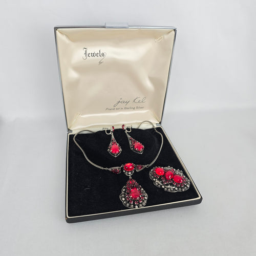 Vintage Jay Kel Sterling Silver Red Rhinestone Parure Necklace Earrings Brooch Set