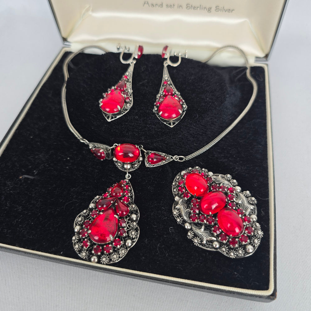 Vintage Jay Kel Sterling Silver Red Rhinestone Parure Necklace Earrings Brooch Set