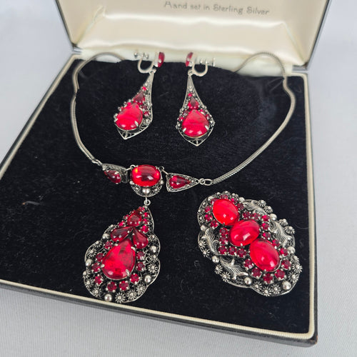 Vintage Jay Kel Sterling Silver Red Rhinestone Parure Necklace Earrings Brooch Set