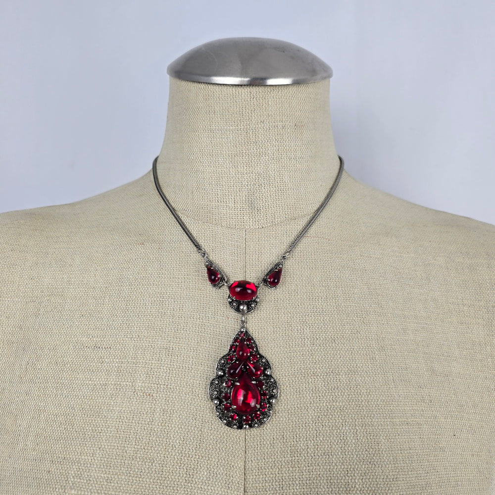 Vintage Jay Kel Sterling Silver Red Rhinestone Parure Necklace Earrings Brooch Set