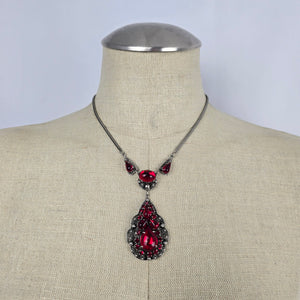 Vintage Jay Kel Sterling Silver Red Rhinestone Parure Necklace Earrings Brooch Set