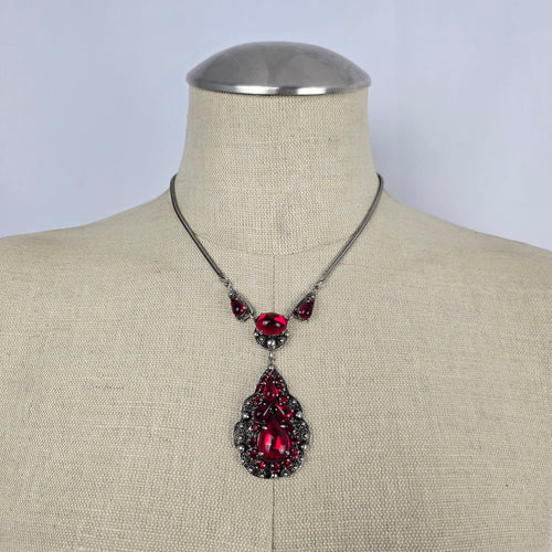 Vintage Jay Kel Sterling Silver Red Rhinestone Parure Necklace Earrings Brooch Set