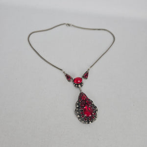 Vintage Jay Kel Sterling Silver Red Rhinestone Parure Necklace Earrings Brooch Set