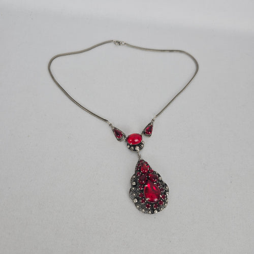 Vintage Jay Kel Sterling Silver Red Rhinestone Parure Necklace Earrings Brooch Set