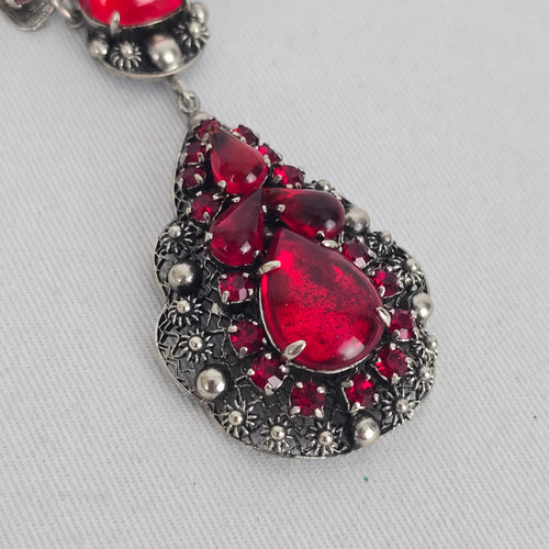 Vintage Jay Kel Sterling Silver Red Rhinestone Parure Necklace Earrings Brooch Set