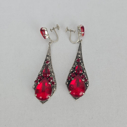Vintage Jay Kel Sterling Silver Red Rhinestone Parure Necklace Earrings Brooch Set