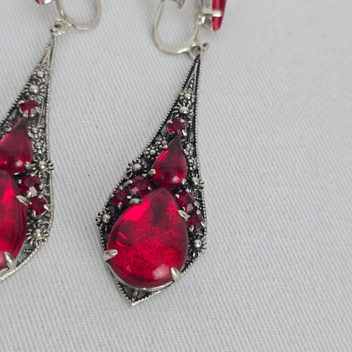 Vintage Jay Kel Sterling Silver Red Rhinestone Parure Necklace Earrings Brooch Set